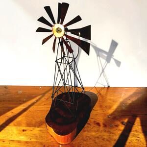 Vintage Rustic Metal Windmill Sculpture on Live Edge Wood Base | Farmhouse